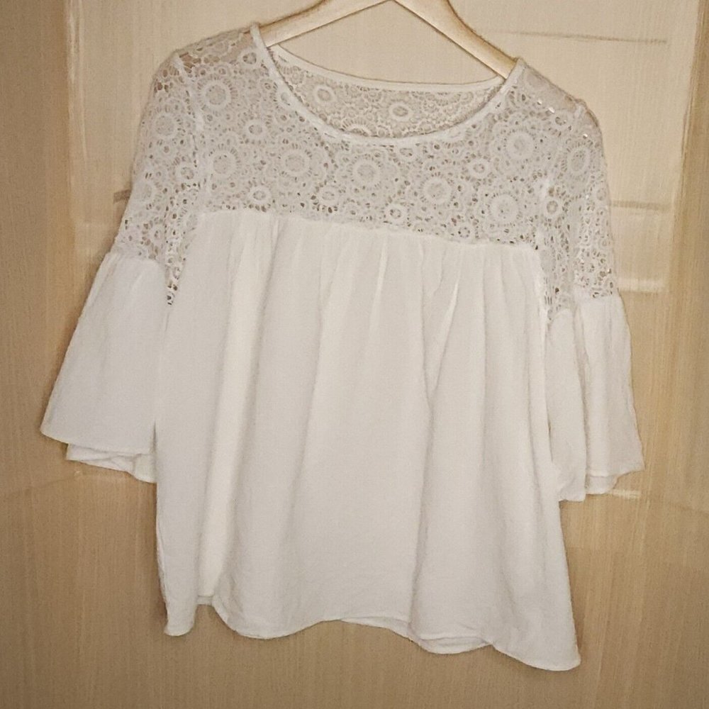 Emry Rose Womens White Cotton Gauzy Crochet Boxy Bell Sleeve Top Medium